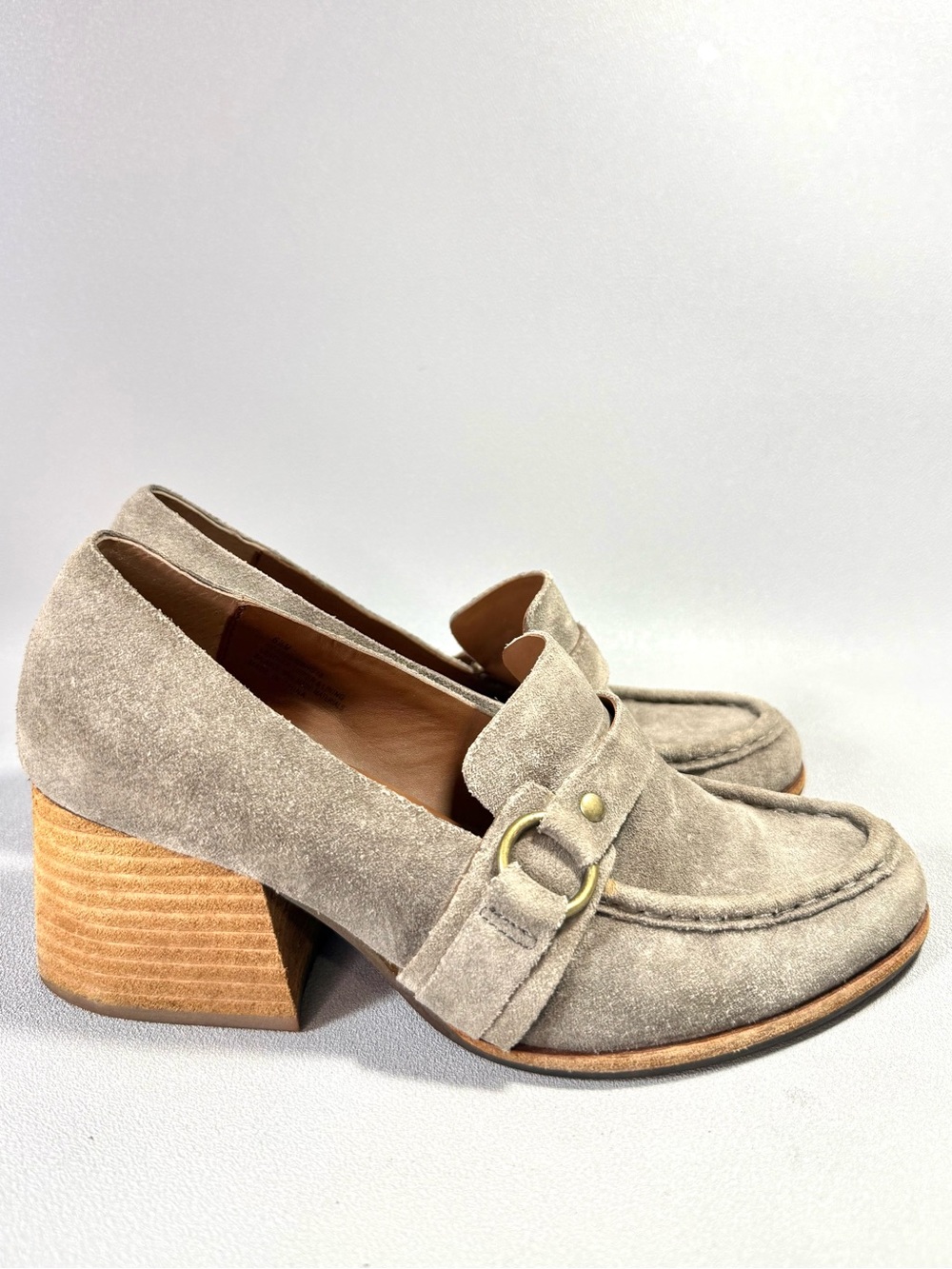 Kork-Ease Aki Light Gray Suede Block Heel Buckle Slip-On Loafers